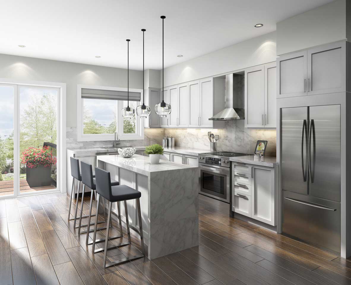 gray kitchen featuring waterfall and marble island